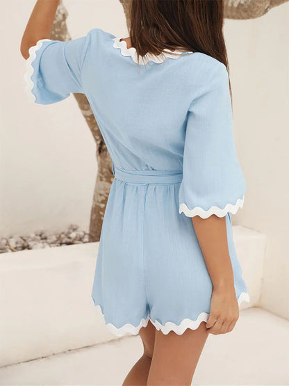 New European and American summer women's solid color casual simple jumpsuit shorts