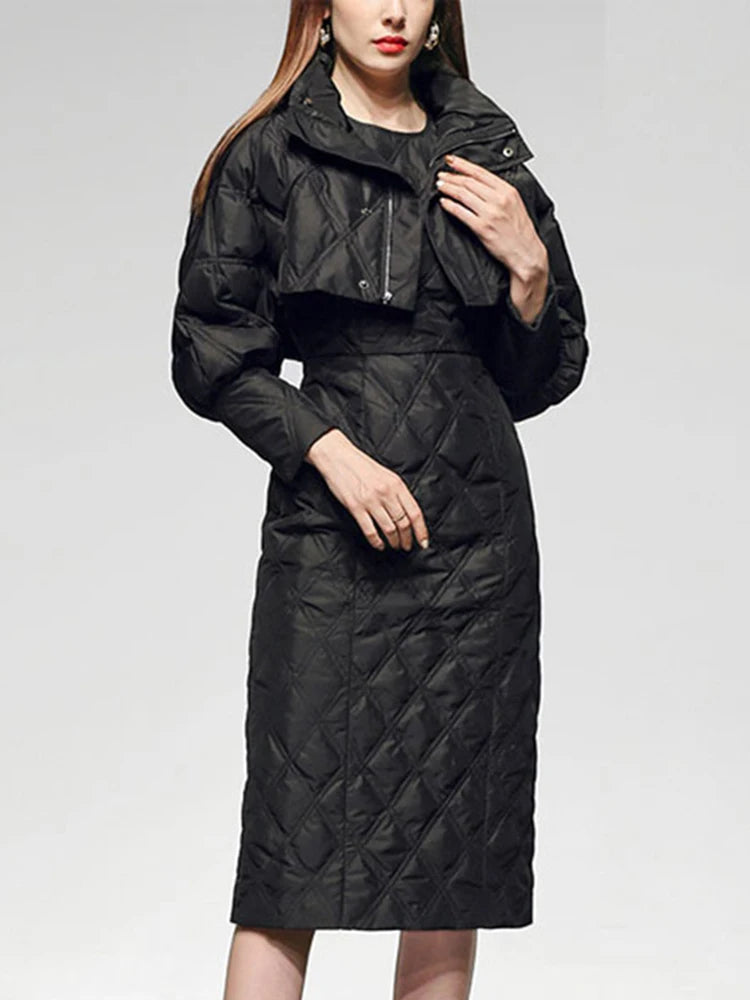 Solid Two Piece Sets For Women Stand Collar Lantern Sleeve Parka O Neck Sleeveless High Waist Dress Chic Set Female
