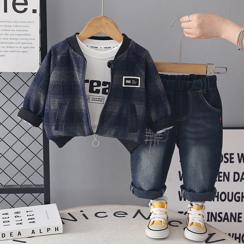 Children's Spring and Autumn Checkered Zipper Shirt Long Sleeve Three Piece Set