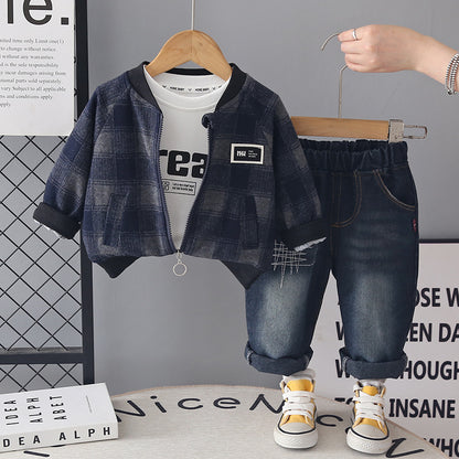 Children's Spring and Autumn Checkered Zipper Shirt Long Sleeve Three Piece Set