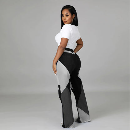 Autumn new European and American stretch plus size women's wide leg pants two tone jeans