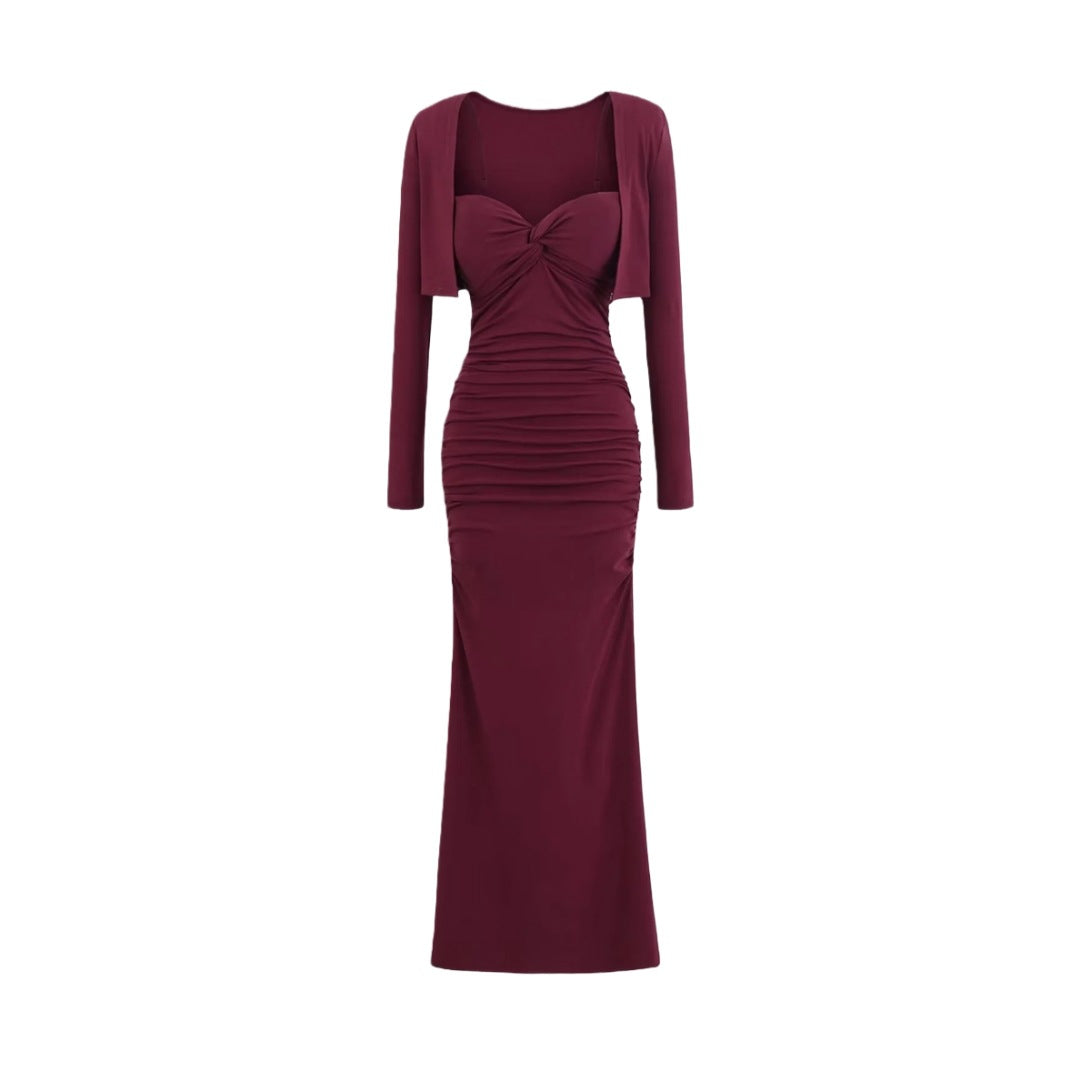 Vintage Sexy Knot Pleated Long Dress Design Slim Fit Bodycon Padded Dress with Cardigan Two-Piece Set