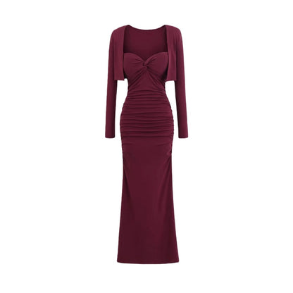 Vintage Sexy Knot Pleated Long Dress Design Slim Fit Bodycon Padded Dress with Cardigan Two-Piece Set