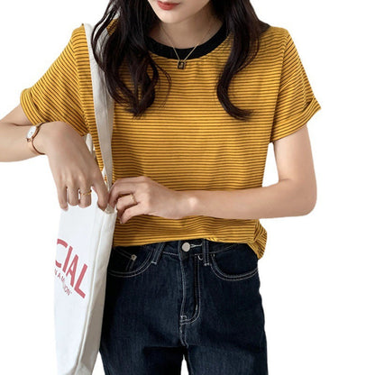 Striped T-Shirt Short Sleeve Women's Summer Casual Round Neck Loose Fit Trendy Minimalist Student Top