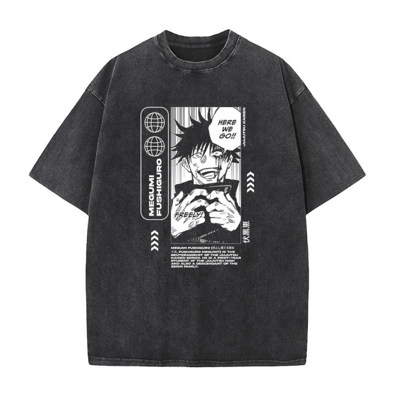 Summer AnimePrinted T-Shirt Cotton Washed Vintage Short Sleeve