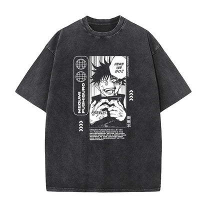 Summer AnimePrinted T-Shirt Cotton Washed Vintage Short Sleeve
