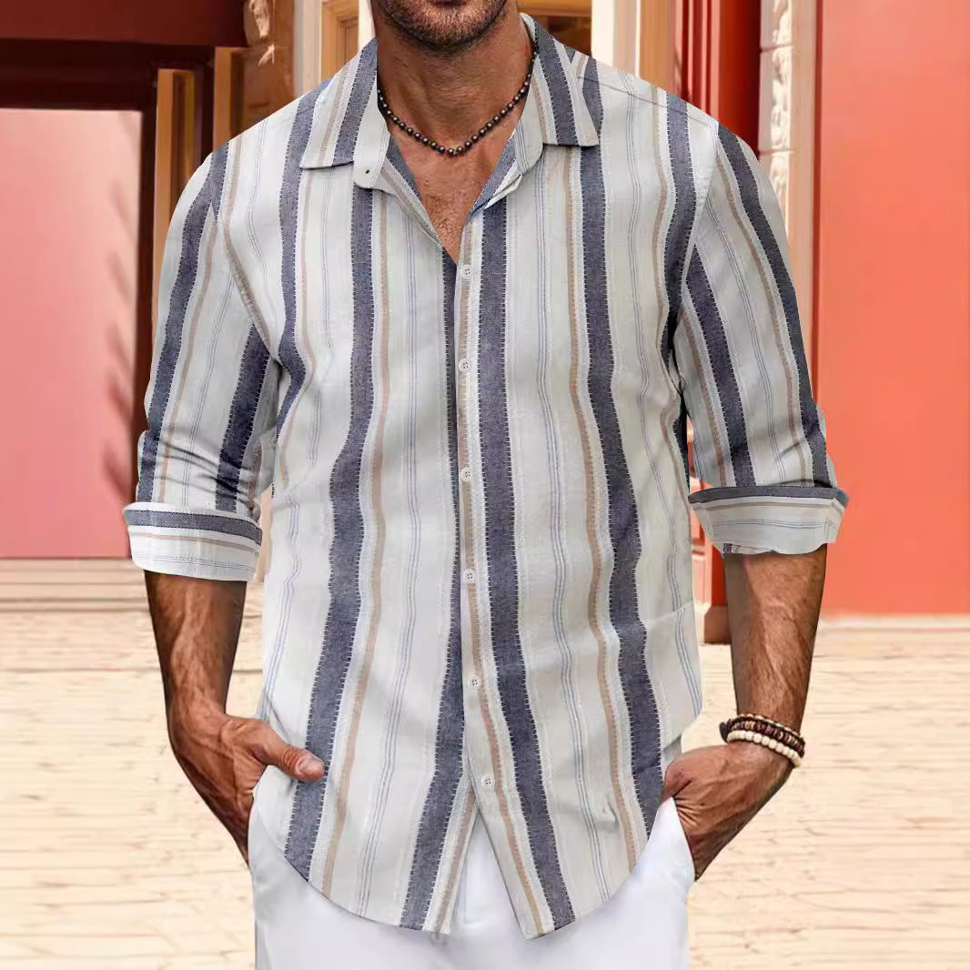 Color woven striped cotton linen button men's lapel long sleeved shirt