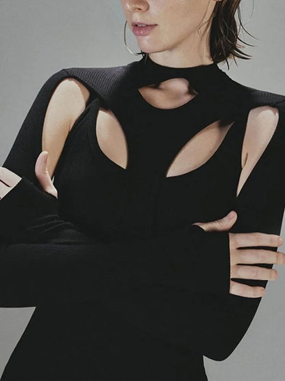 Sexy slanke geribde jurk met open details ronde hals en lange mouwen