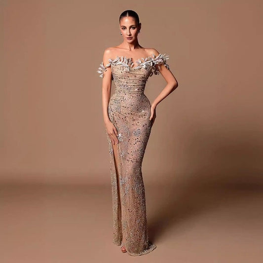Hangemaakte sexy strapless lange jurk met één schouder decoratieve details split en pailletten