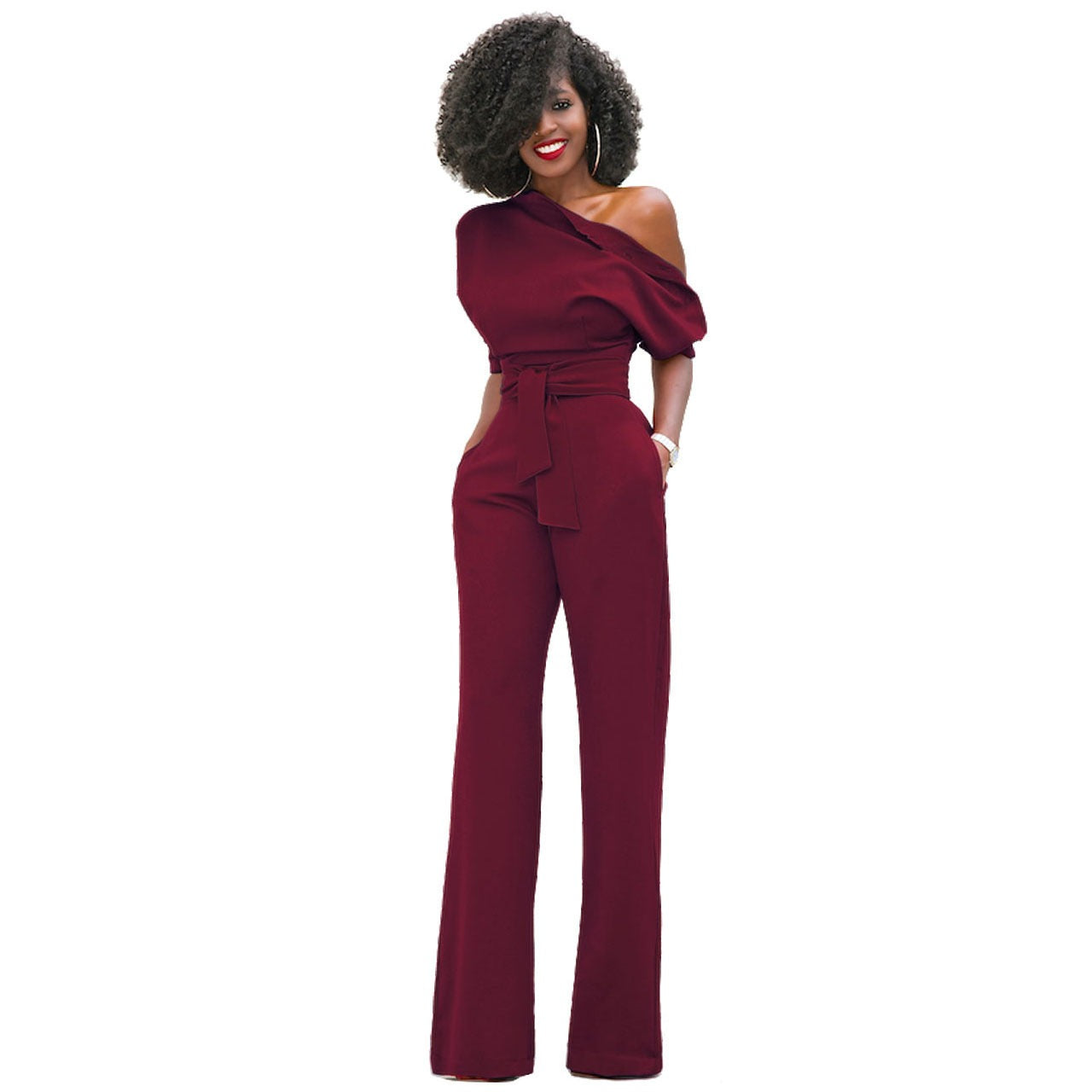 Solid color diagonal collar button up jumpsuit wide leg pants