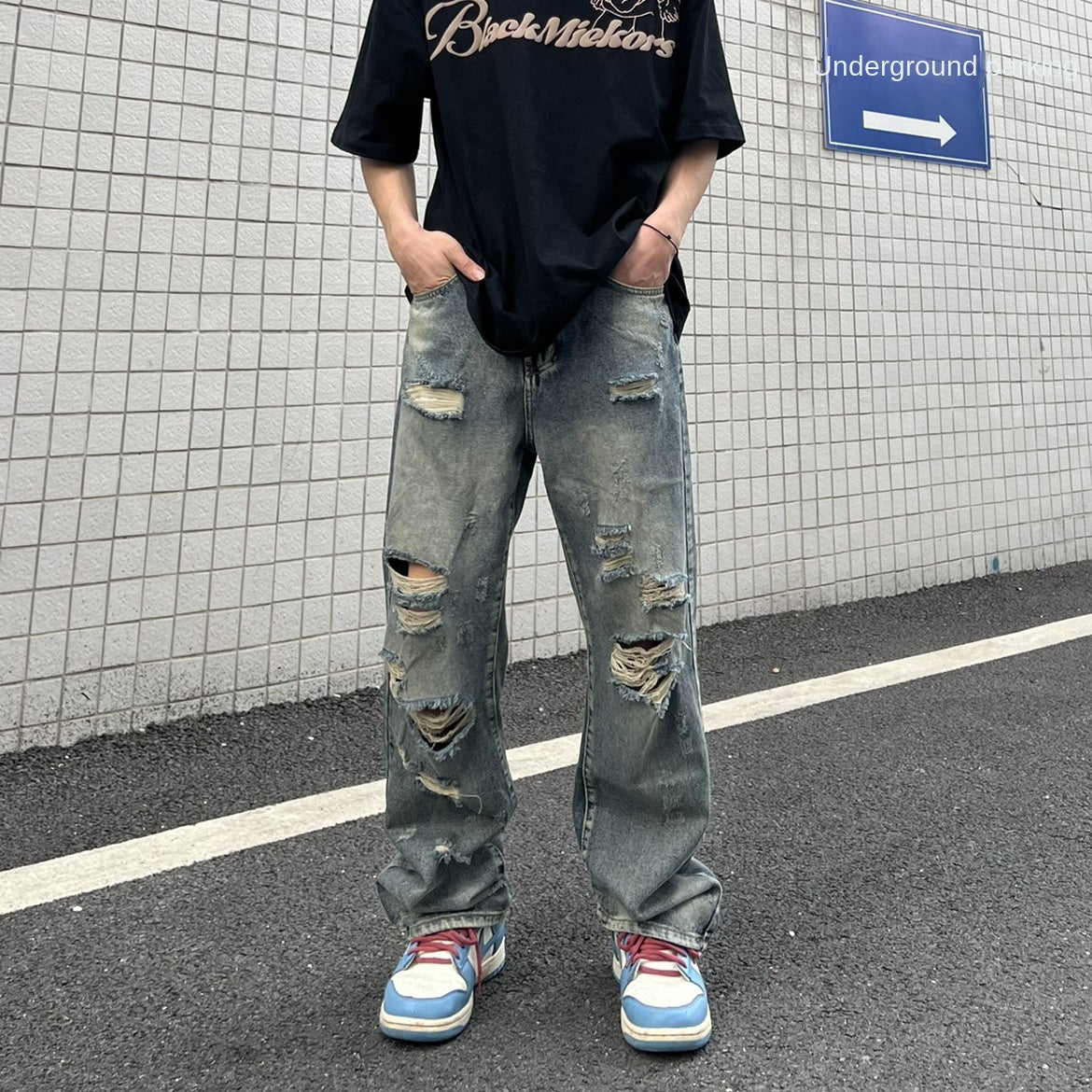 Summer loose straight tube washed ripped beggar pants