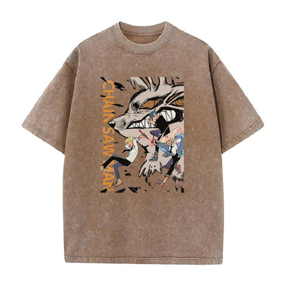 Summer New Anime Chainsaw Man Printed T-Shirt Summer Cotton Washed Vintage Short-Sleeved Top