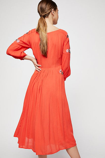 Women's Boho Dress Floral Embroidery Button Down Long Dress V-neck Summer Chic Dress Ethnic Split Robes Sweet Long Dresses