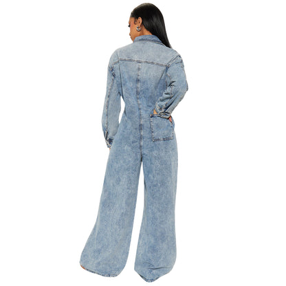 Slim fit elastic trumpet long sleeved denim jumpsuit