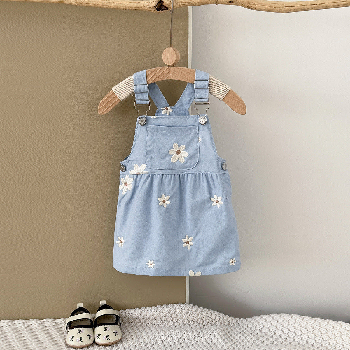 Cute Floral Embroidery Overall Dress Blue Princess Style
