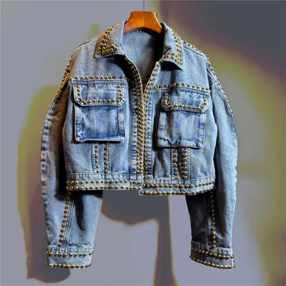 Spring Women New Heavy Work Rivet Blue Short Denim Cardigan Jacket Loose Big Pocket Lapel Long Sleeve Female Jeans Jacket Coat