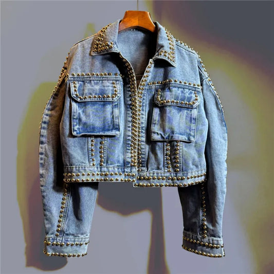Spring Women New Heavy Work Rivet Blue Short Denim Cardigan Jacket Loose Big Pocket Lapel Long Sleeve Female Jeans Jacket Coat