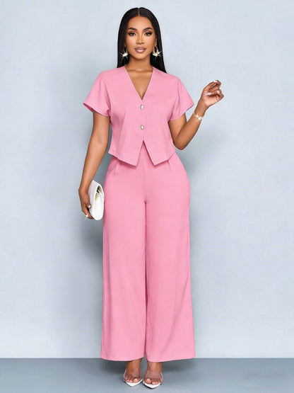Summer Short Sleeve V-Neck Irregular Cardigan Straight Leg Wide Leg Pants Plus Size Casual Two-Piece Set