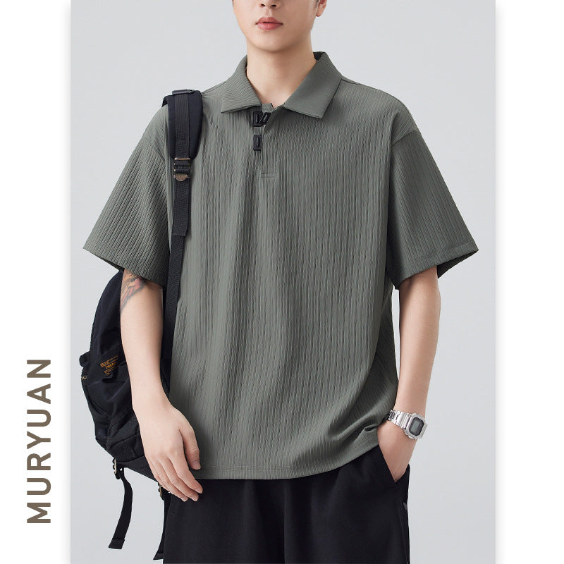 Style Button-Down Collar Polo Shirt Men's Nylon Quick-Dry Stripe T-Shirt