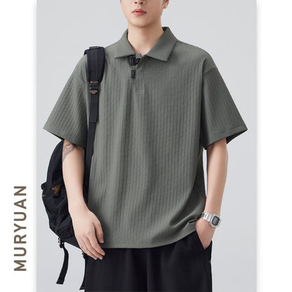 Style Button-Down Collar Polo Shirt Men's Nylon Quick-Dry Stripe T-Shirt