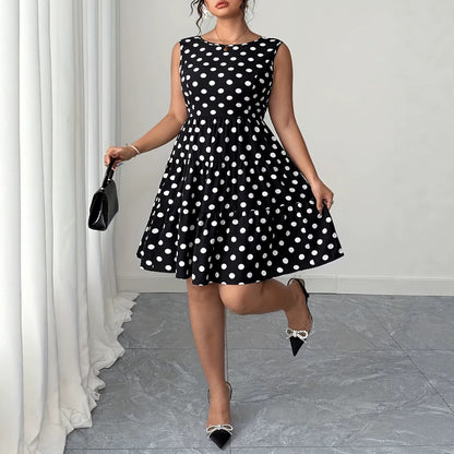 Plus size retro mouwloze jurkje  met parels stippenprint en strik