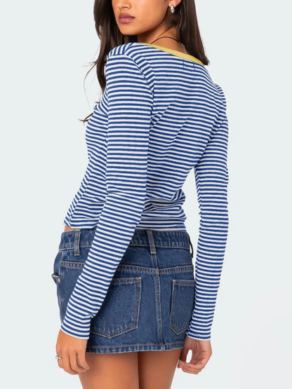 Color blocking striped knitted sweater women's summer top button slim fit shoulder t-shirt