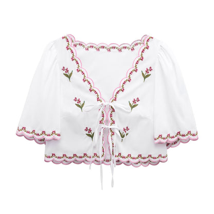 Floral Embroidered Poplin Top Short Sleeve Shirt Top for Women