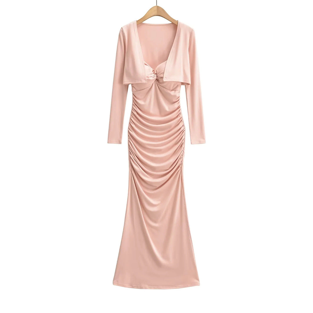 Vintage Sexy Knot Pleated Long Dress Design Slim Fit Bodycon Padded Dress with Cardigan Two-Piece Set