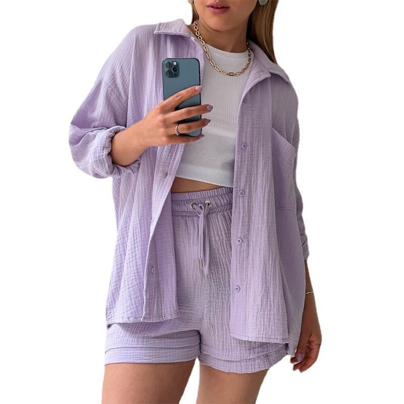 Wrinkled collar long sleeved shirt high waisted drawstring shorts two-piece set