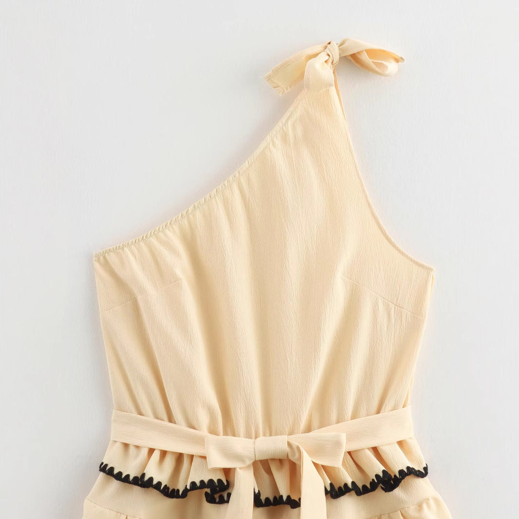 Summer fashion sleeveless shell craft slanted shoulder cake skirt dress for women
