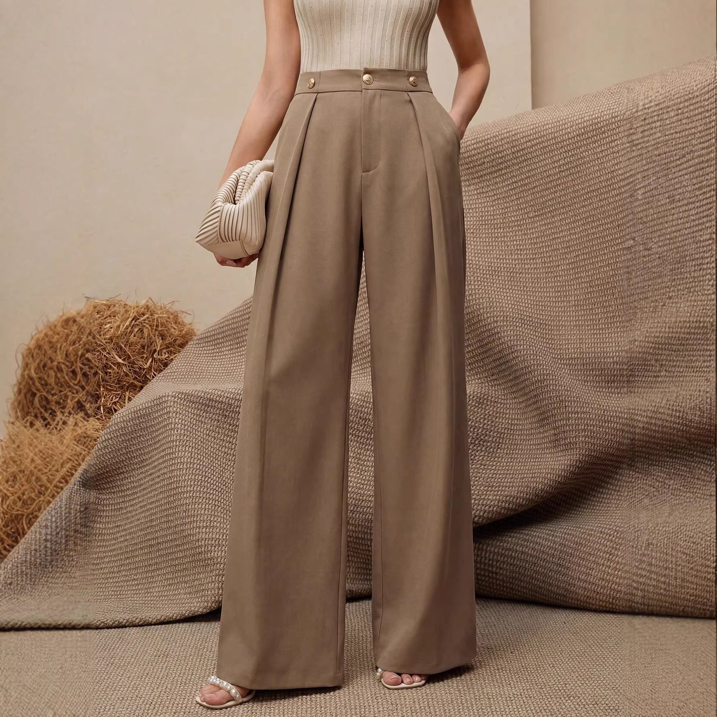 Dames pantalon met plooien hoge taille en wijde pijpen