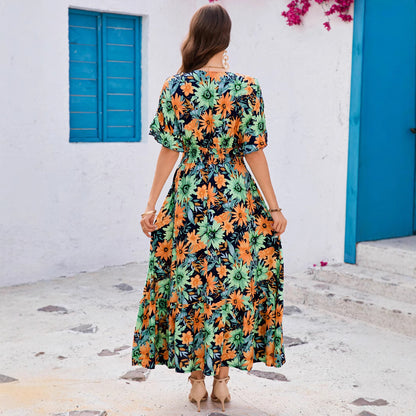 Real Cotton Printed Ruffle Batwing Sleeve V-Neck Waist-Cinched Flared Dress Bohemian Beach Vacation Skirt