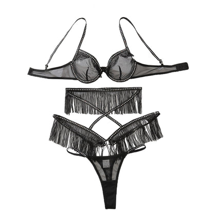 Sexy hollow perspective lingerie three piece set