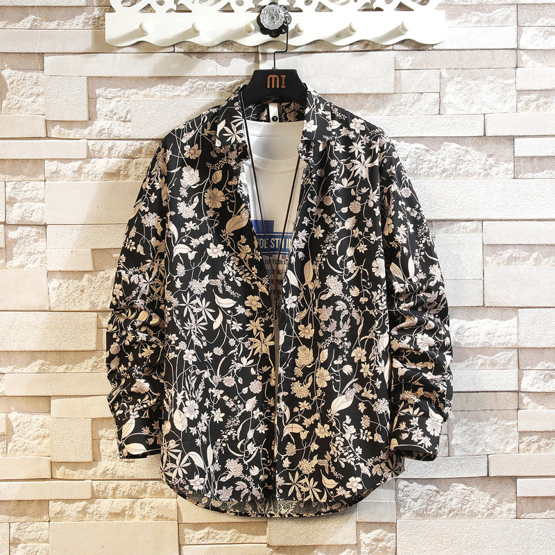 Cotton Men's Casual Multi-color Long-sleeve Floral Shirt