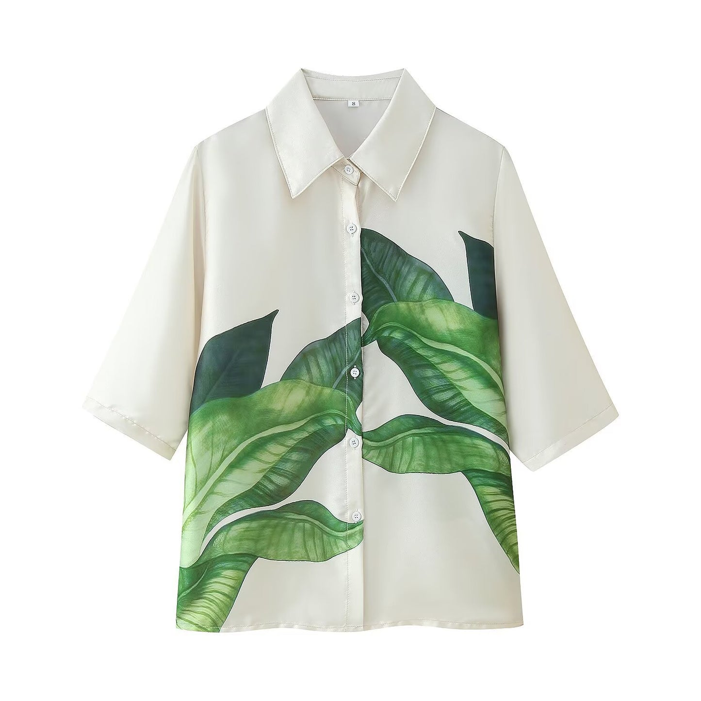 Women's Clothing Notched Collar Short Sleeve Satin Printed Shirt + Satin Printed Shorts Set