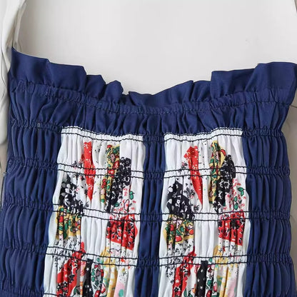 European and American summer new fashionable temperament low neck printed waist A-line dress long skirt