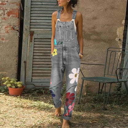 Printed jeans with non elastic straps and long pants straight tube