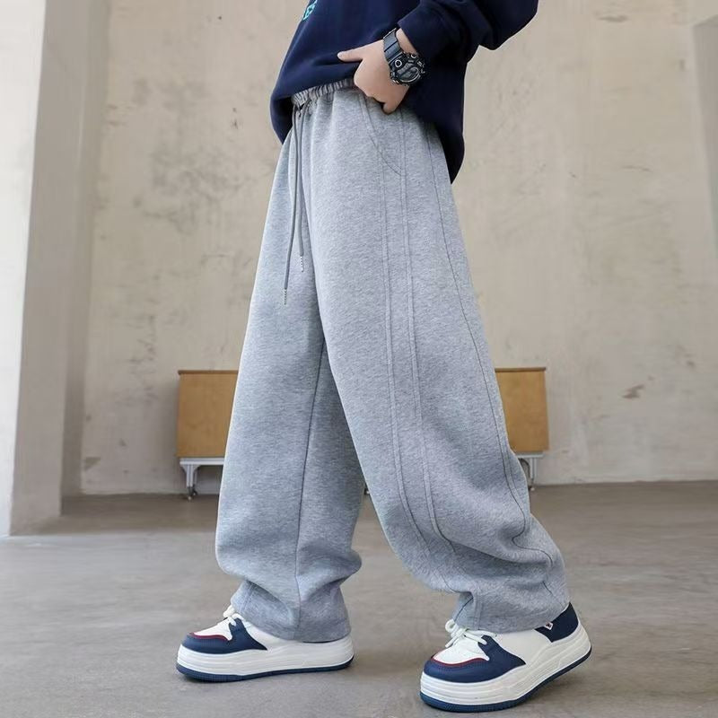 Boys' Black Straight Loose Casual Sports Sweatpants