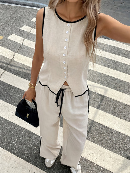 Summer  Export Women's Sleeveless Single-breasted Vest and Drawstring Pants Set