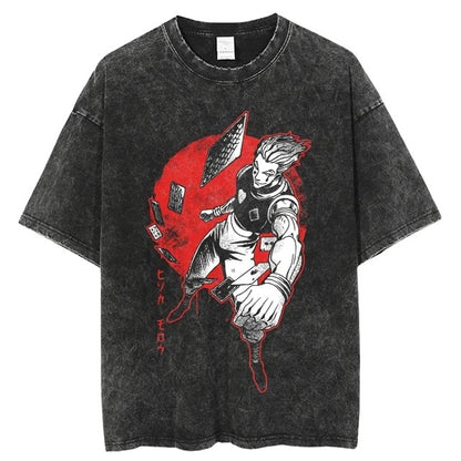 Summer New Fullmetal Alchemist Anime Print T-Shirt Summer Cotton Washed Vintage Distressed Short Sleeve Crew Neck