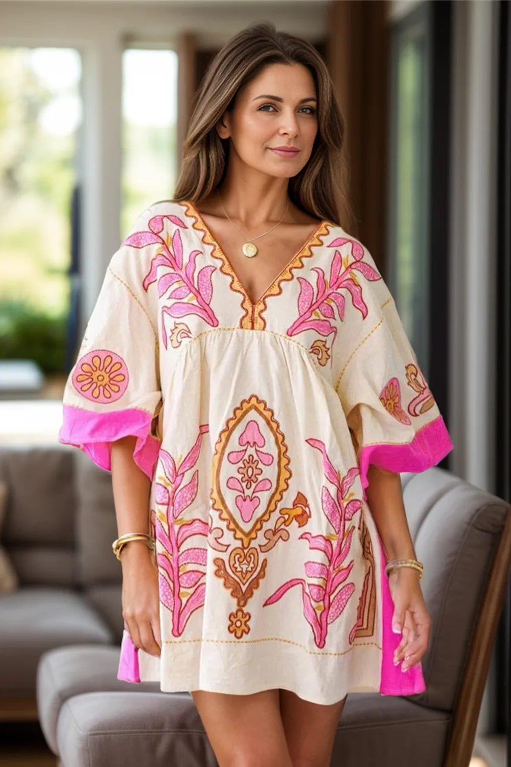 Beautiful women's summer retro loose V-neck dress