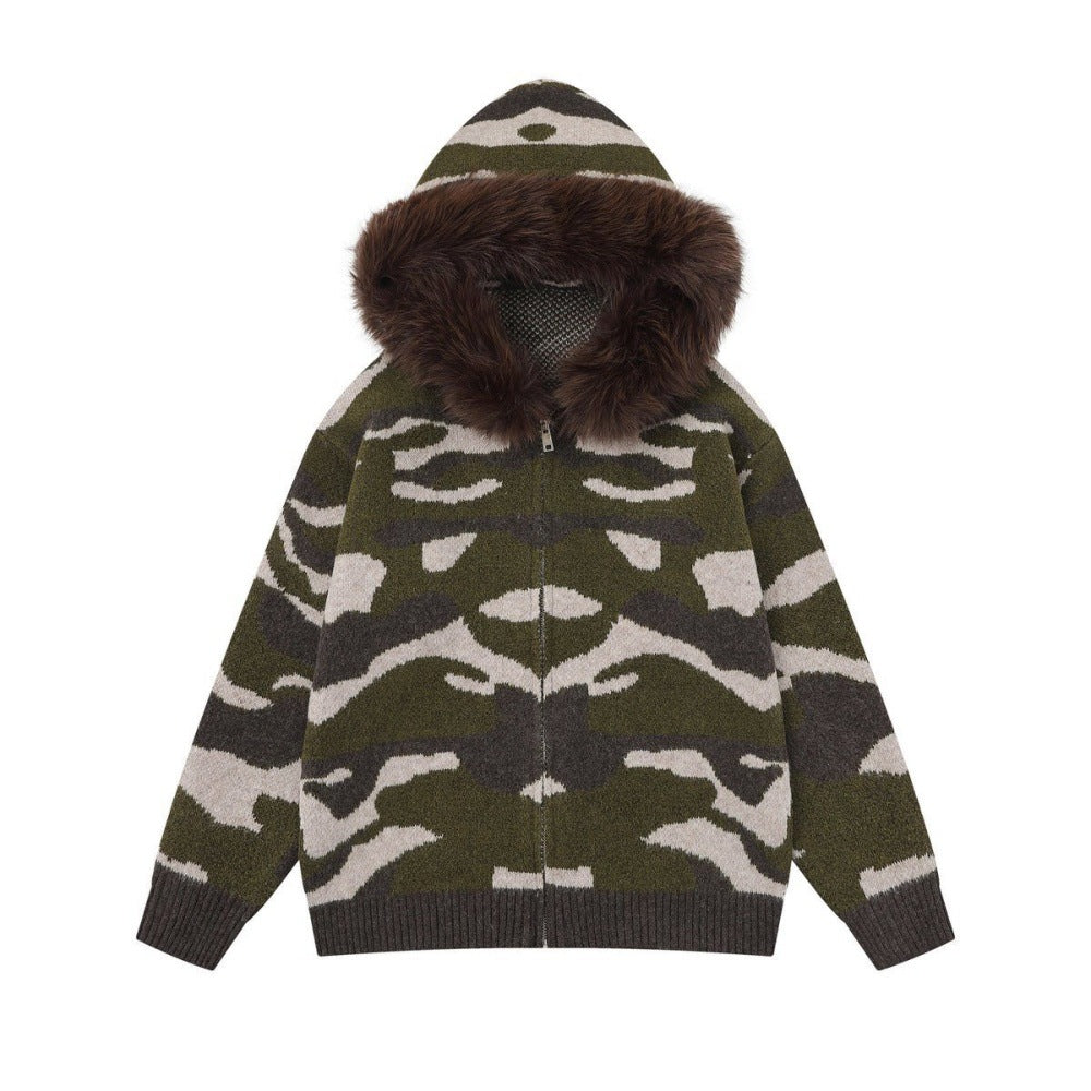 Camouflageprint gebreide vest met capuchon en kraag van imitatiebont