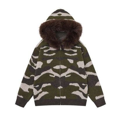 Camouflageprint gebreide vest met capuchon en kraag van imitatiebont
