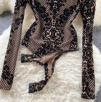 All-In-One Sexy See-Through Long-Sleeved Slim Bottoming Top Leopard-Print Plaid Slim Jumpsuit