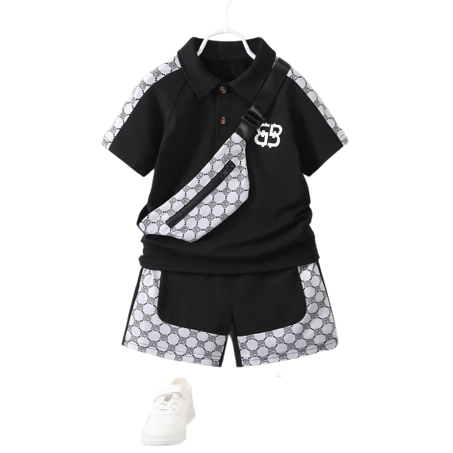 polo shirt short sleeve set,printed three-piece set