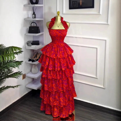 Elegant Strapless Detachable Back Beach Dress with Ruffle Tiered Long Dress
