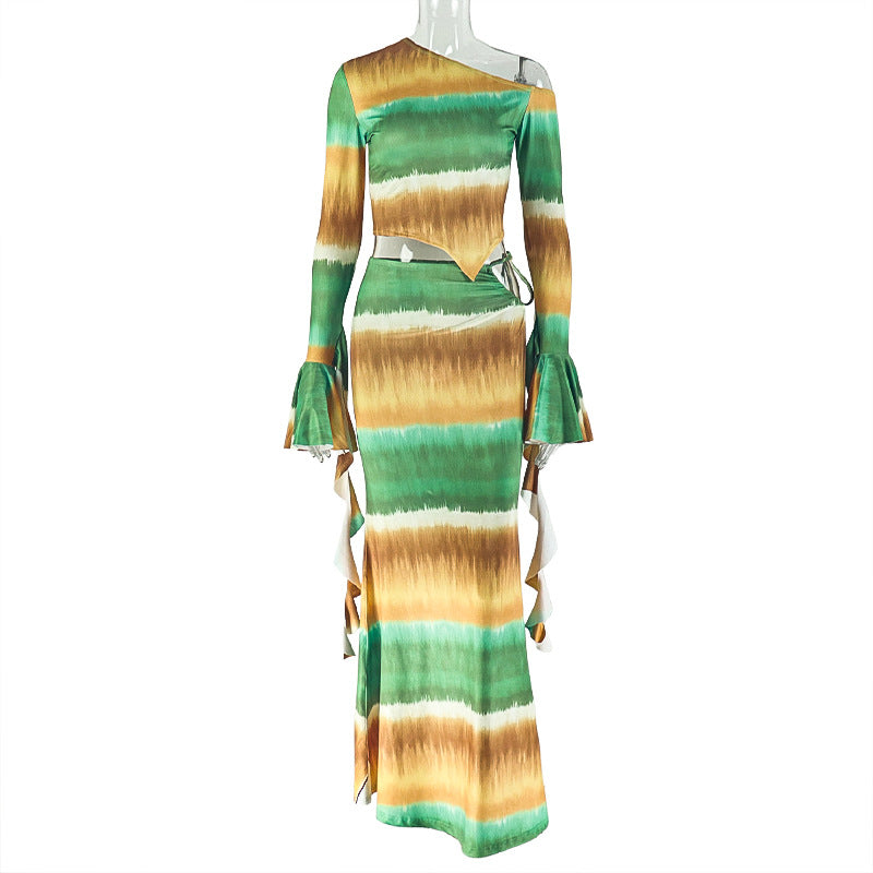 Elastic sloping collar asymmetrical two-piece set women's clothing