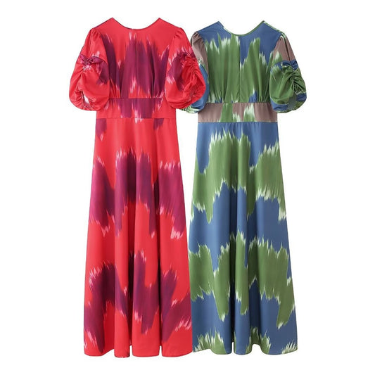 European and American summer new fashionable style round neck bubble sleeves backless waist cinched mid length dress