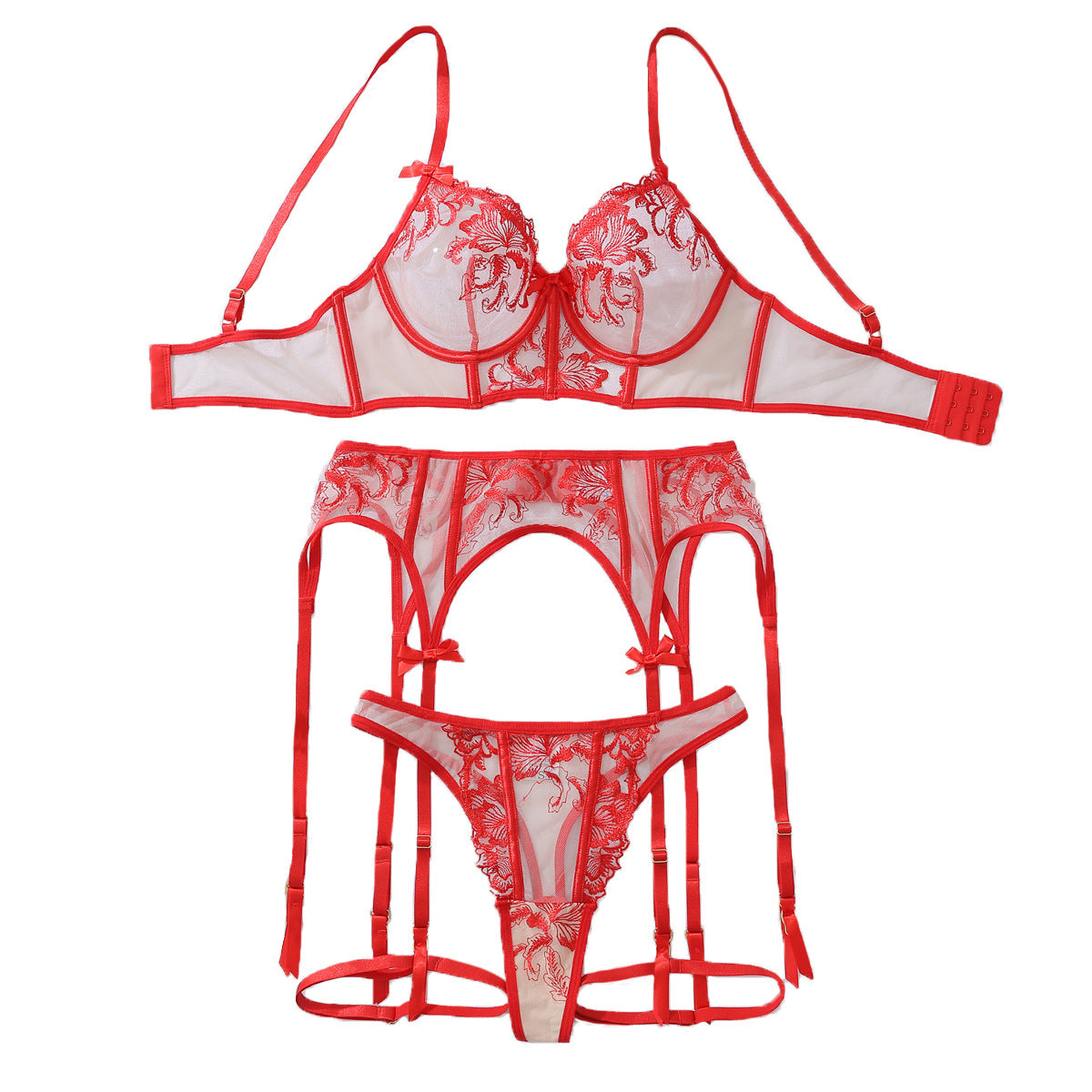 Floral lace perspective hollow shaping lingerie four piece split set