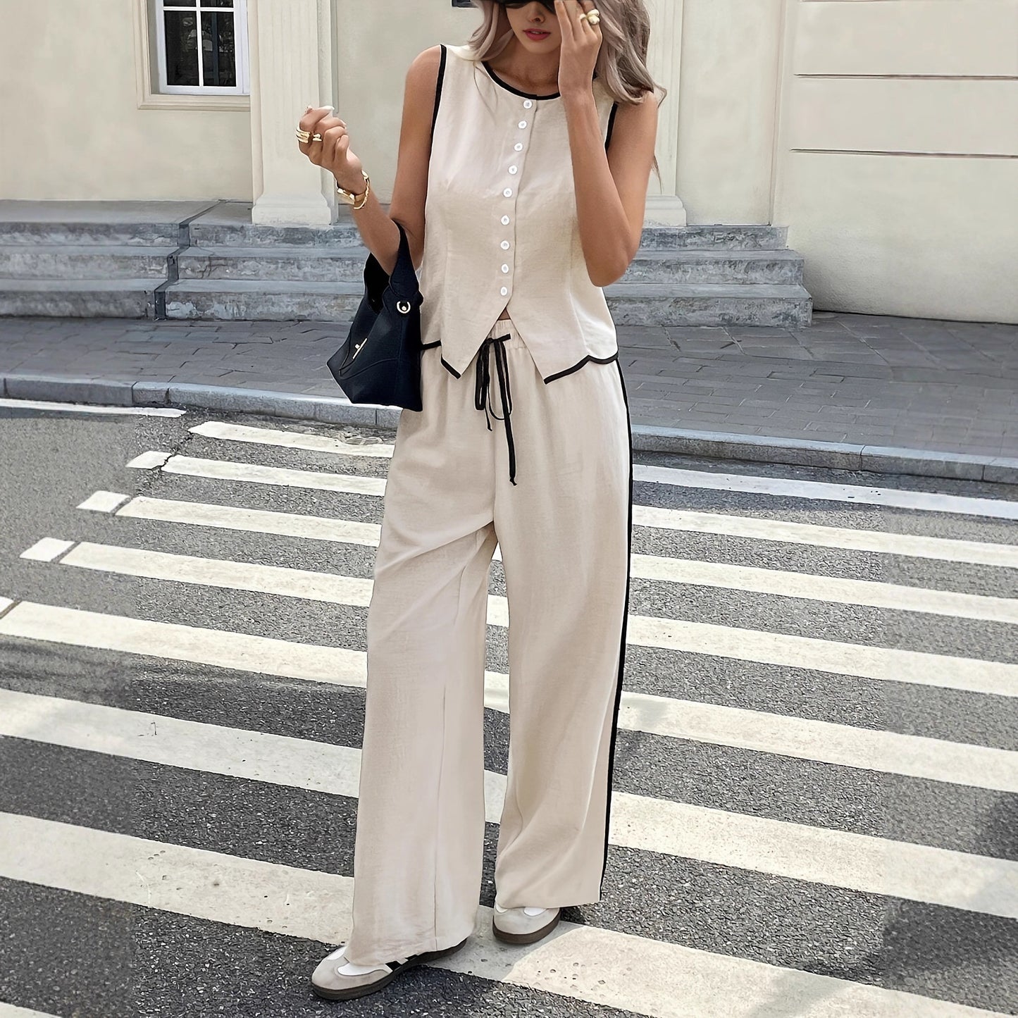 Summer  Export Women's Sleeveless Single-breasted Vest and Drawstring Pants Set